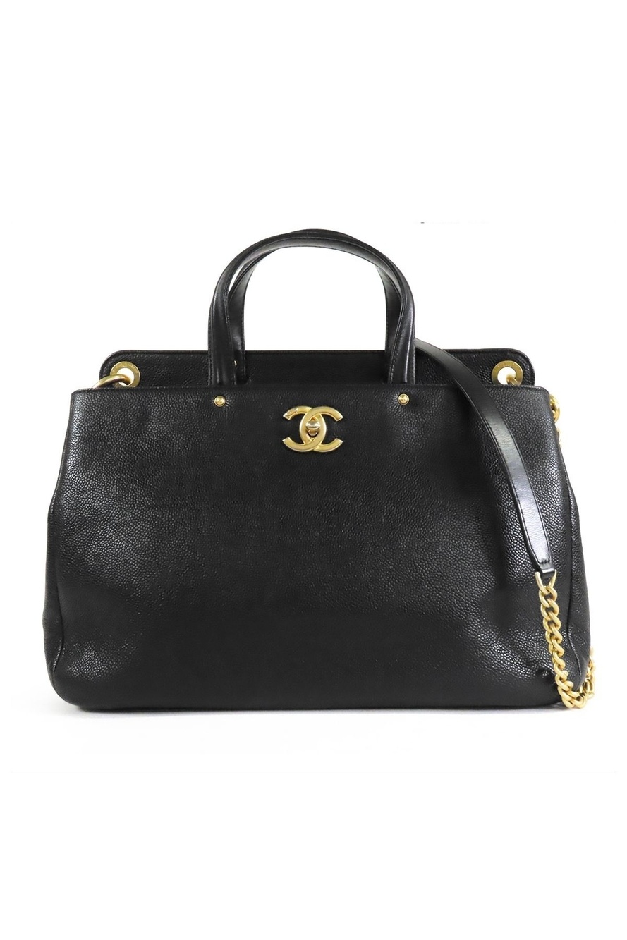 Chanel CC Logo Black Gold Caviar Leather 2-Way Tote Shoulder Bag
